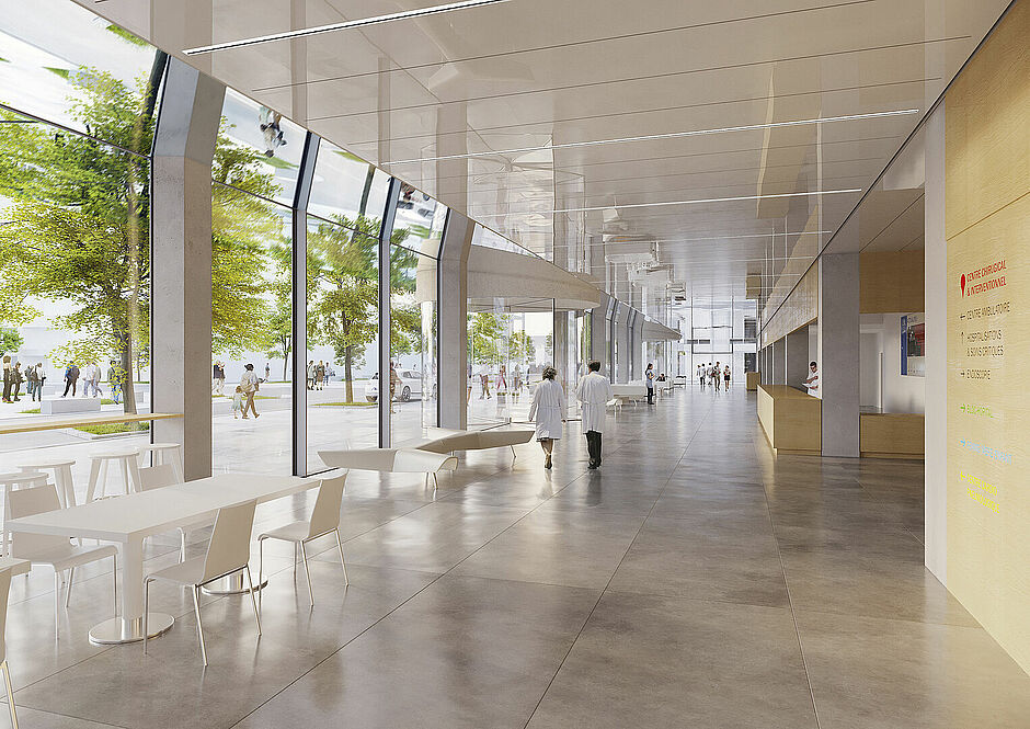 Perspective architecturale #NouveauCHURennes - hall d'entrée du centre chirurgical et interventionnel (CCI) - Agrandir l'image (fenêtre modale)